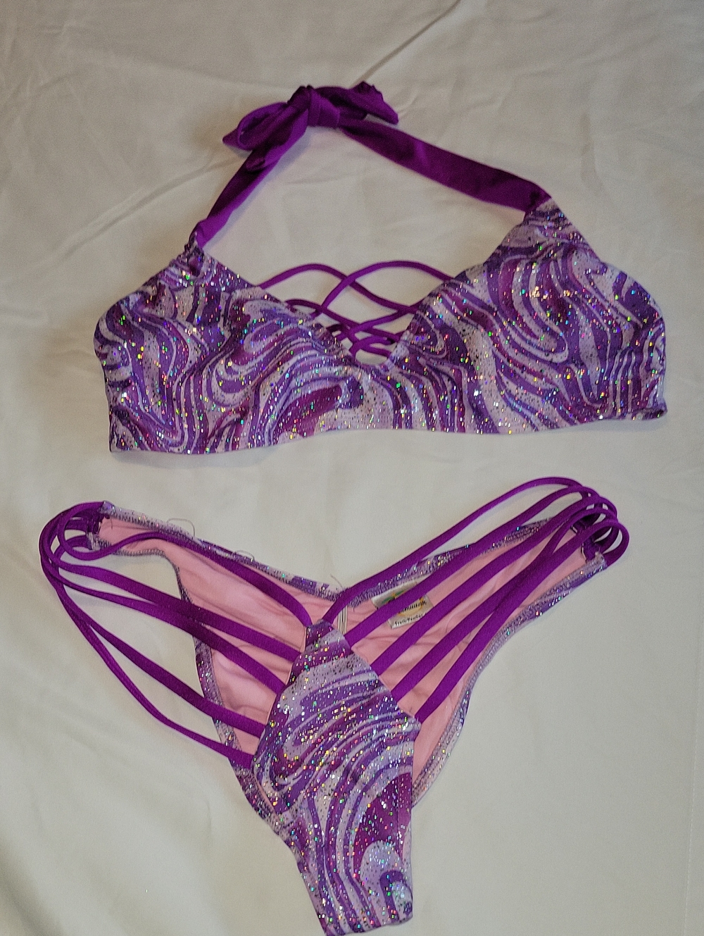 Purple Pink Glitter Wave Strappy Bikini Set